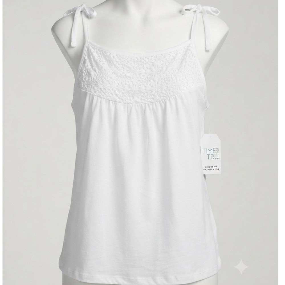 Time and Tru Womens White Crochet Lace Yoke Tie Shoulder Tank Top XXXL NWT